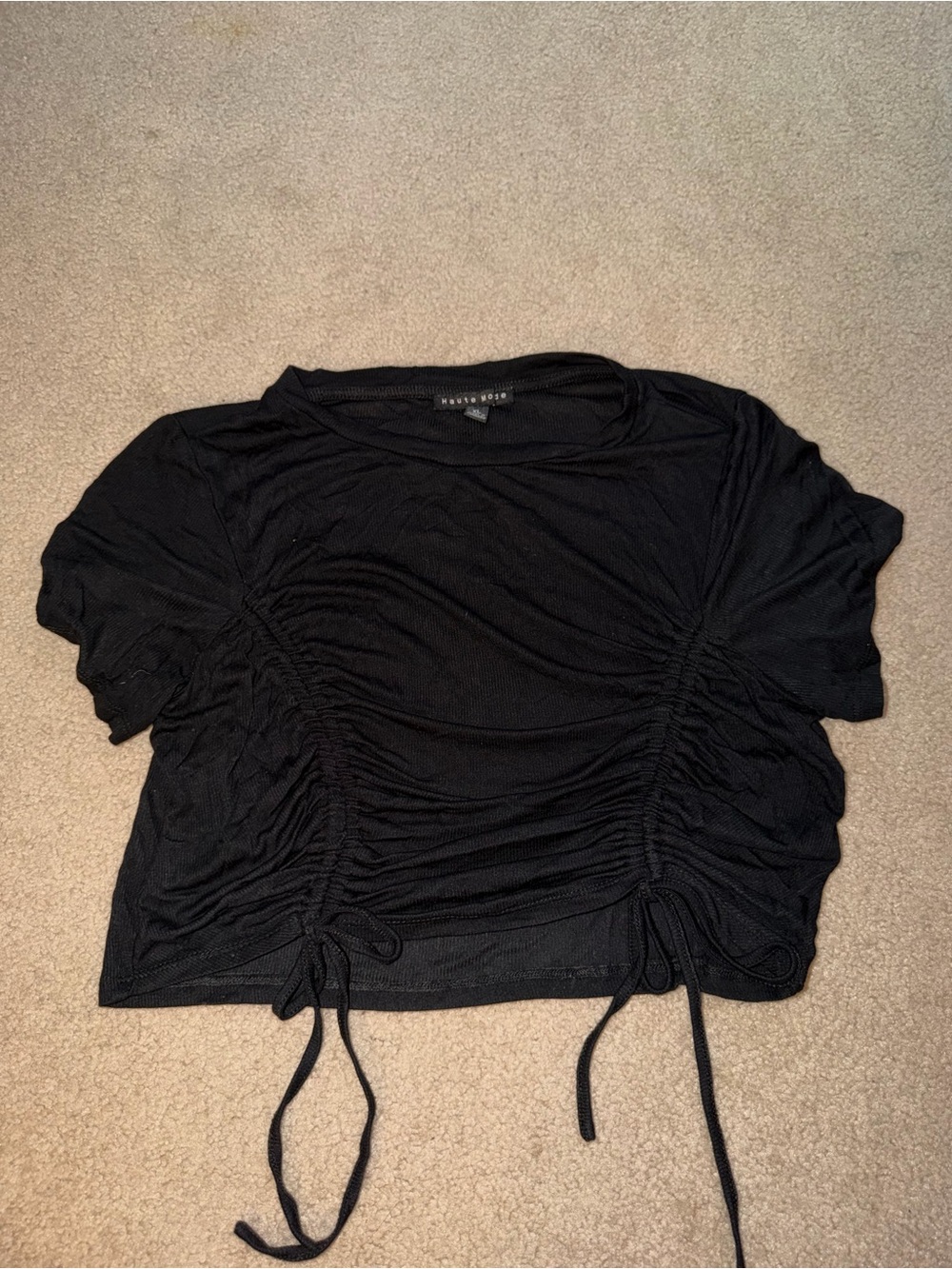 Haute Monde Black Ruched Crop Top with Drawstrings